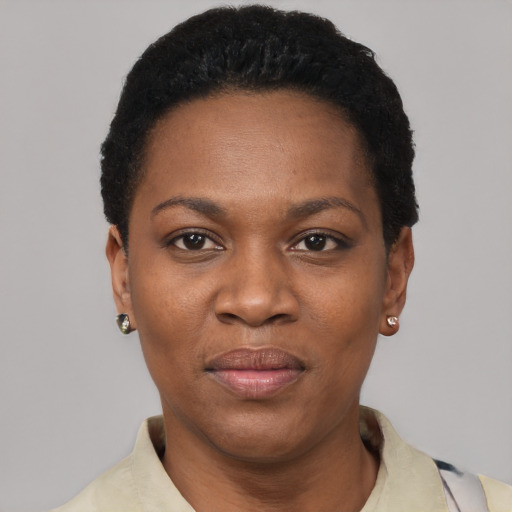 Joyful black young-adult female with short  black hair and brown eyes