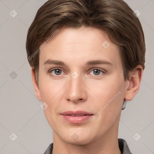 Joyful white young-adult female with short  brown hair and grey eyes