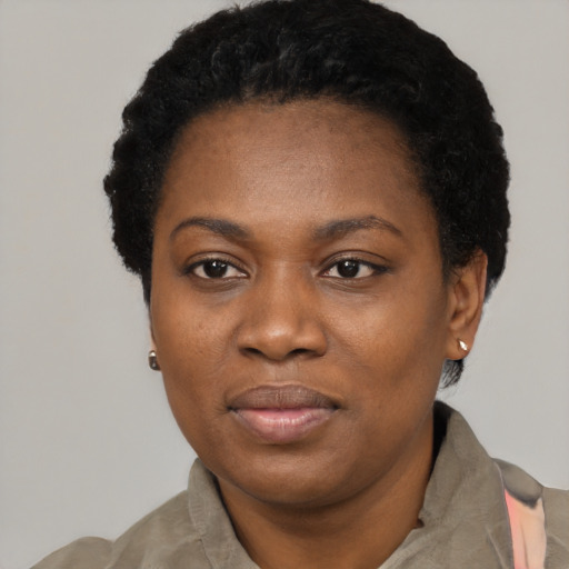 Neutral black young-adult female with short  black hair and brown eyes
