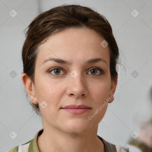 Neutral white young-adult female with medium  brown hair and grey eyes