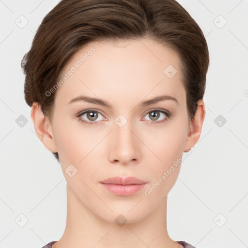 Neutral white young-adult female with short  brown hair and brown eyes