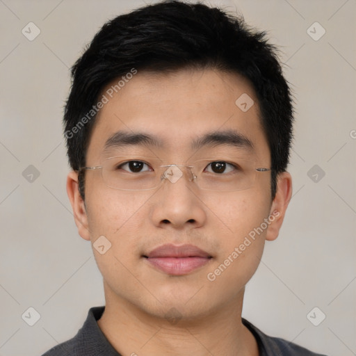 Neutral asian young-adult male with short  black hair and brown eyes