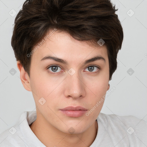 Neutral white young-adult female with short  brown hair and brown eyes