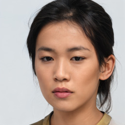 Neutral asian young-adult female with medium  brown hair and brown eyes