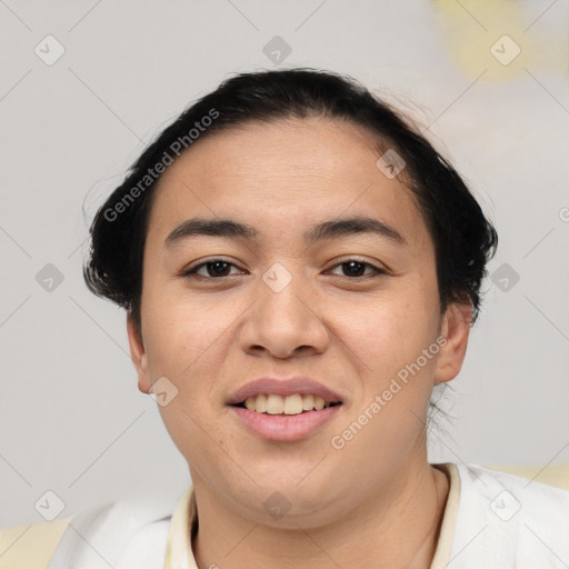 Joyful asian young-adult female with short  brown hair and brown eyes