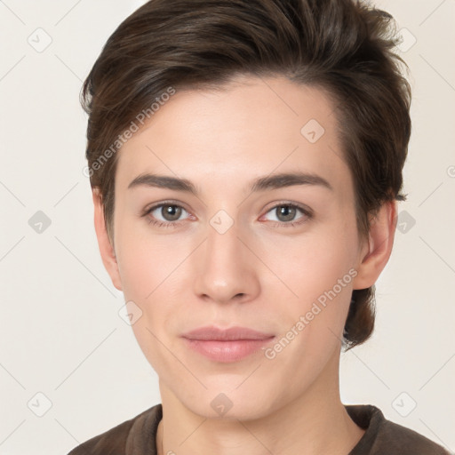 Neutral white young-adult female with short  brown hair and brown eyes