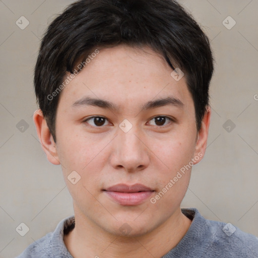 Neutral asian young-adult male with short  brown hair and brown eyes