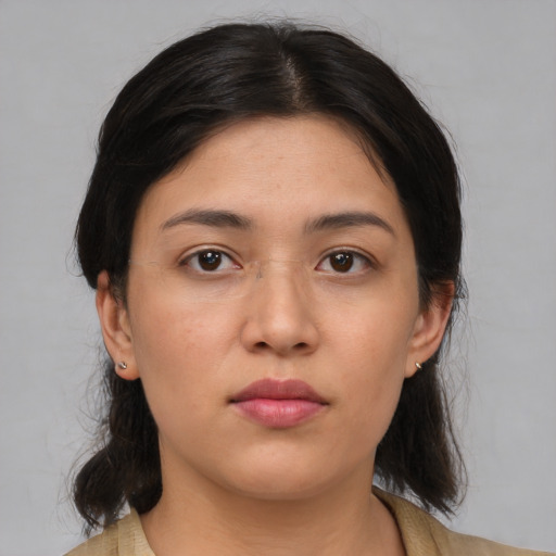 Neutral asian young-adult female with medium  brown hair and brown eyes