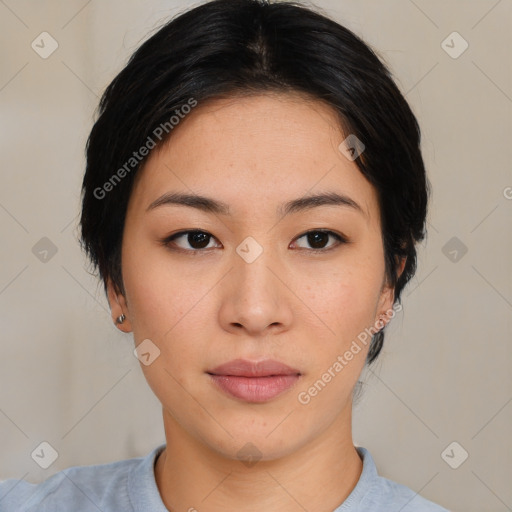 Neutral asian young-adult female with medium  black hair and brown eyes