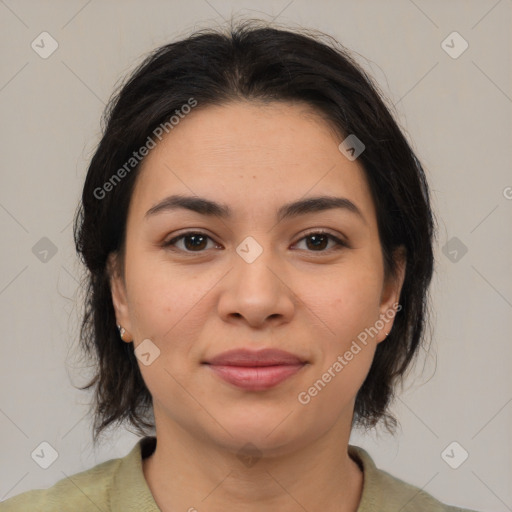 Joyful asian young-adult female with medium  brown hair and brown eyes