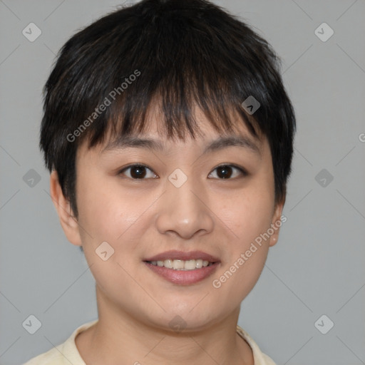 Joyful white young-adult female with short  brown hair and brown eyes