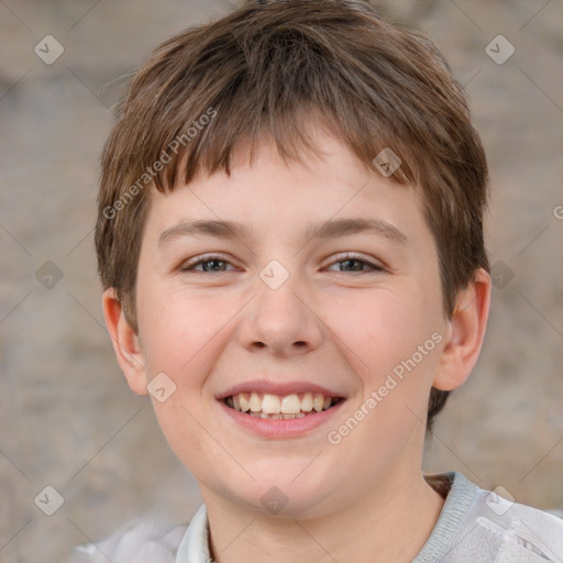 Joyful white child female with short  brown hair and brown eyes