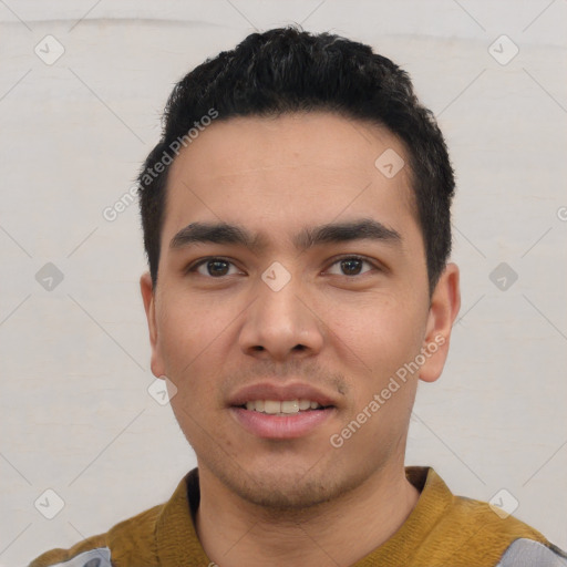 Neutral asian young-adult male with short  black hair and brown eyes