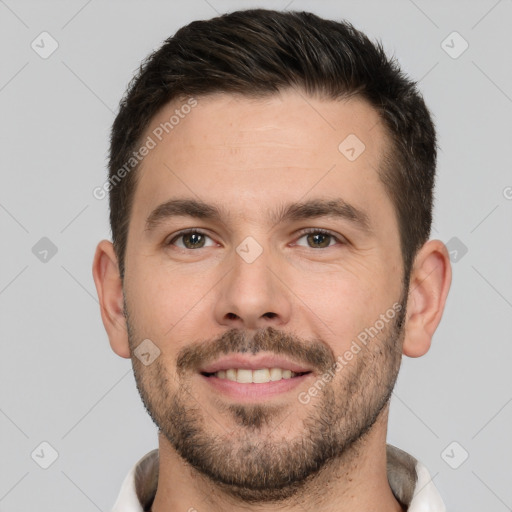 Joyful white young-adult male with short  brown hair and brown eyes