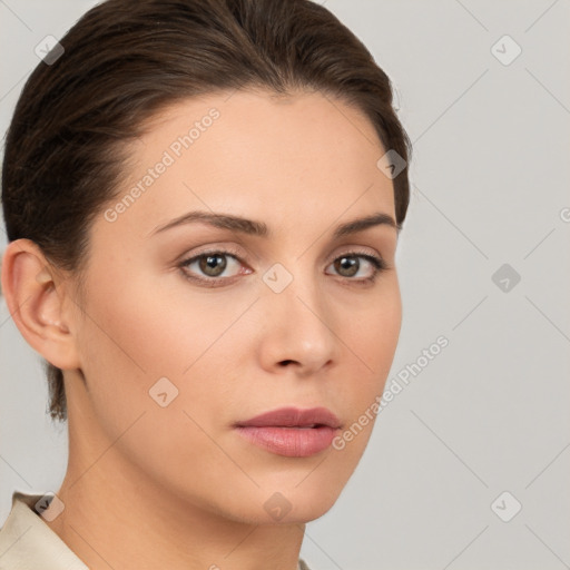 Neutral white young-adult female with short  brown hair and brown eyes