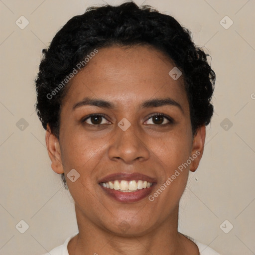 Joyful latino young-adult female with short  black hair and brown eyes