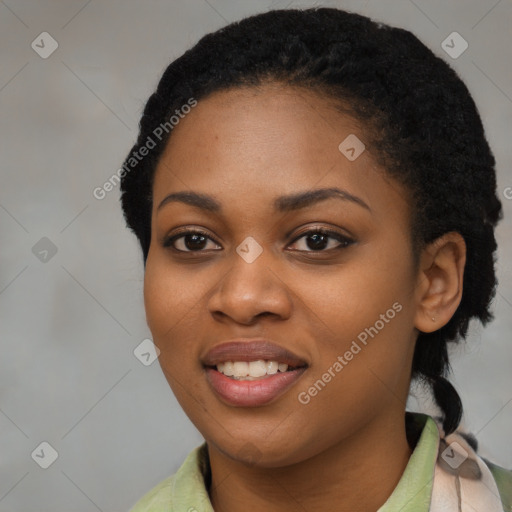 Joyful latino young-adult female with short  black hair and brown eyes