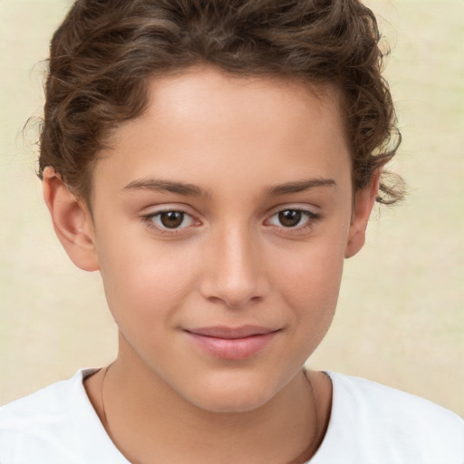 Joyful white child female with short  brown hair and brown eyes