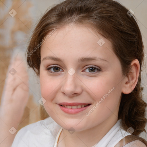 Joyful white child female with medium  brown hair and brown eyes