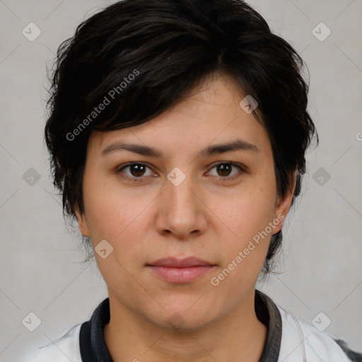 Joyful white young-adult female with medium  brown hair and brown eyes