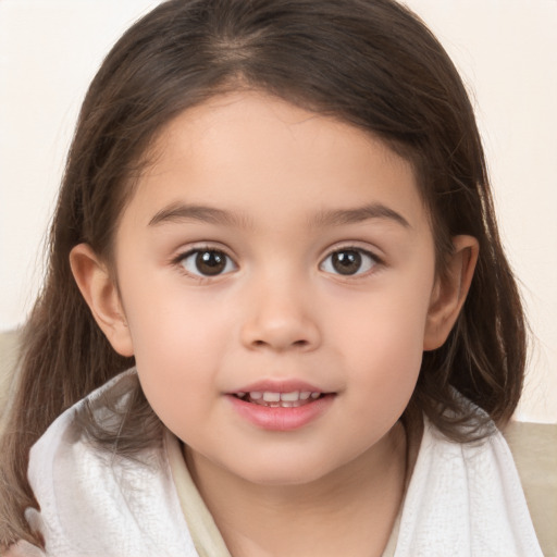 Joyful white child female with medium  brown hair and brown eyes