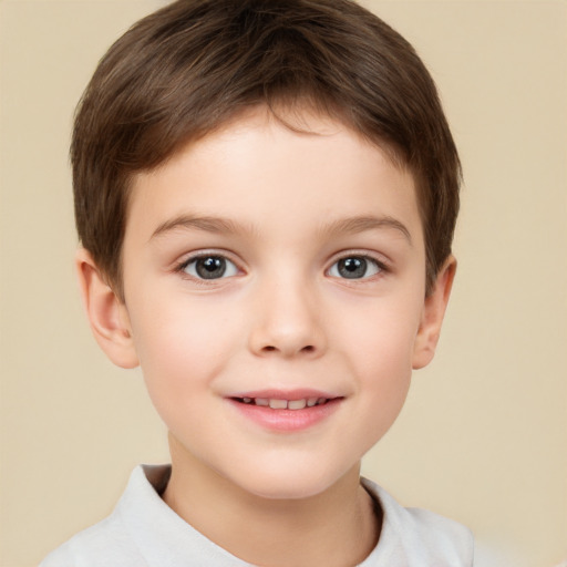 Joyful white child female with short  brown hair and brown eyes