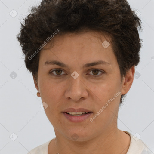 Joyful white young-adult female with short  brown hair and brown eyes