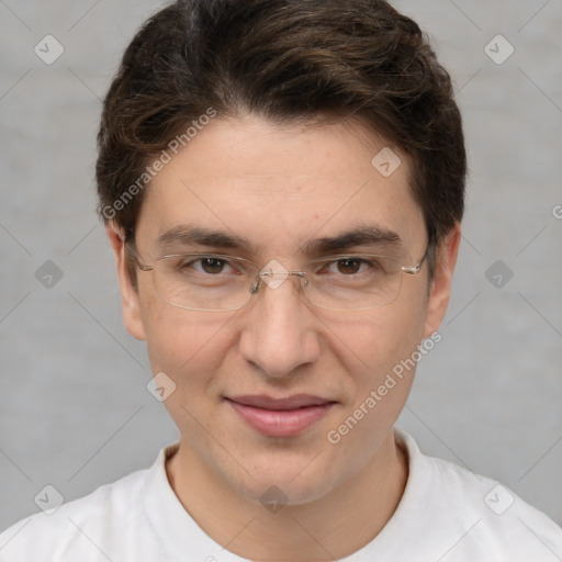 Joyful white adult male with short  brown hair and brown eyes