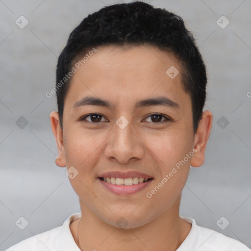 Joyful latino young-adult male with short  brown hair and brown eyes