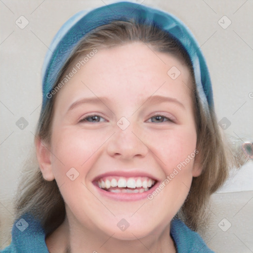 Joyful white young-adult female with long  brown hair and blue eyes