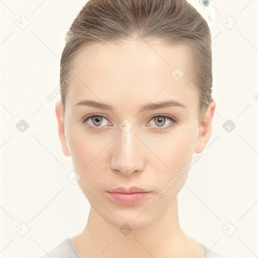 Neutral white young-adult female with short  brown hair and brown eyes