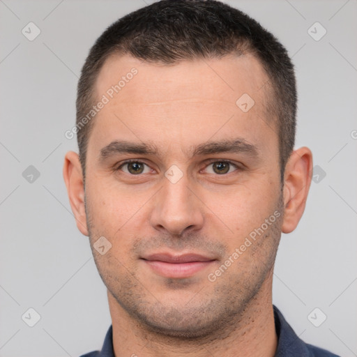 Joyful white young-adult male with short  brown hair and brown eyes