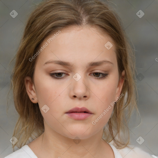 Neutral white young-adult female with medium  brown hair and brown eyes