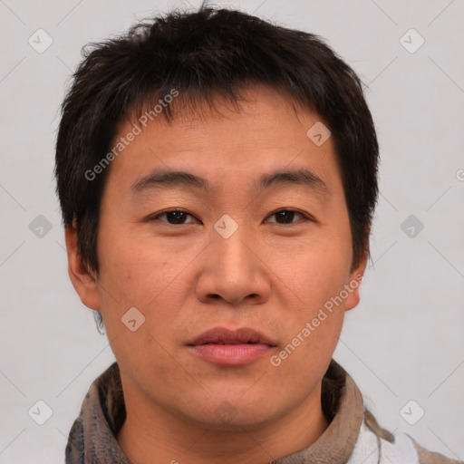 Neutral asian young-adult male with short  brown hair and brown eyes