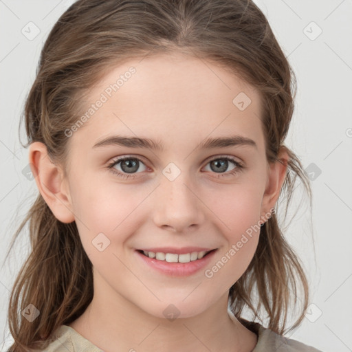 Joyful white child female with medium  brown hair and brown eyes