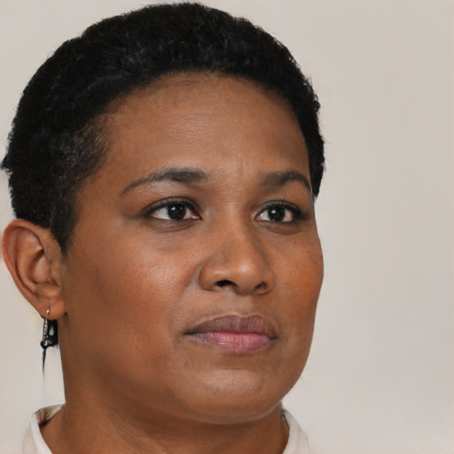Neutral black young-adult female with short  brown hair and brown eyes