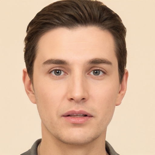 Neutral white young-adult male with short  brown hair and brown eyes