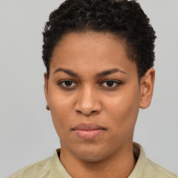 Neutral black young-adult female with short  brown hair and brown eyes