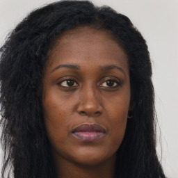 Joyful black young-adult female with long  brown hair and brown eyes