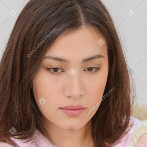 Neutral white young-adult female with long  brown hair and brown eyes