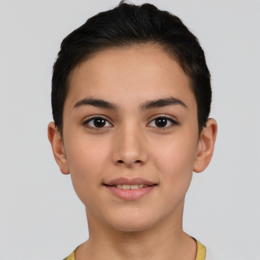 Joyful latino young-adult female with short  brown hair and brown eyes