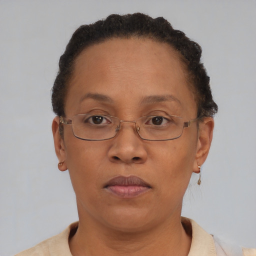 Neutral black adult female with short  brown hair and brown eyes