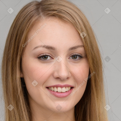 Joyful white young-adult female with long  brown hair and brown eyes