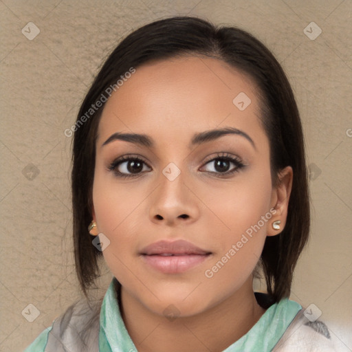 Neutral white young-adult female with long  brown hair and brown eyes