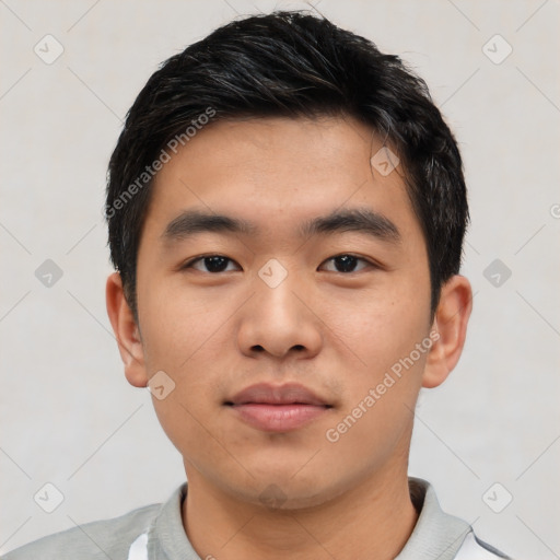 Neutral asian young-adult male with short  black hair and brown eyes