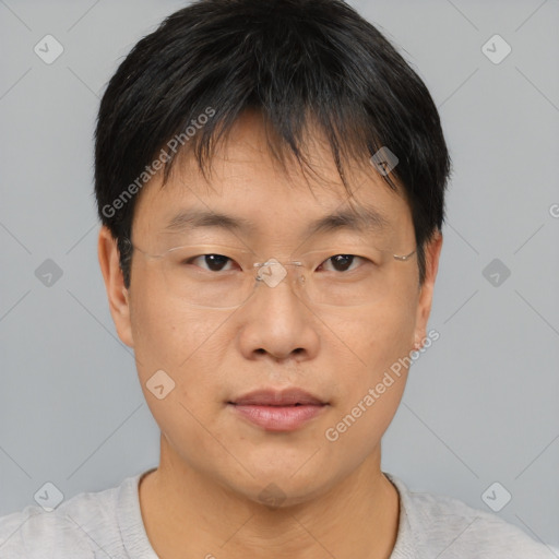 Neutral asian young-adult male with short  brown hair and brown eyes