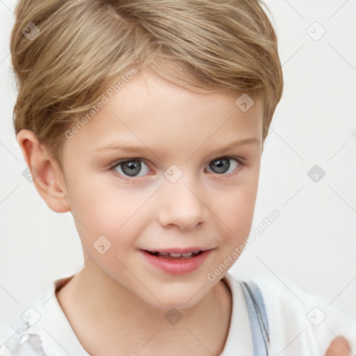 Joyful white child female with short  brown hair and brown eyes