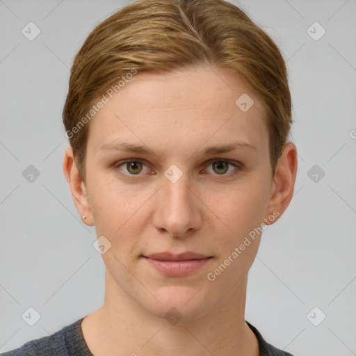 Joyful white young-adult female with short  brown hair and grey eyes