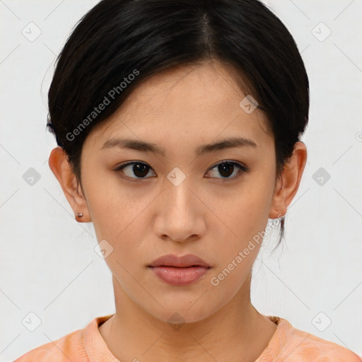 Neutral asian young-adult female with short  brown hair and brown eyes