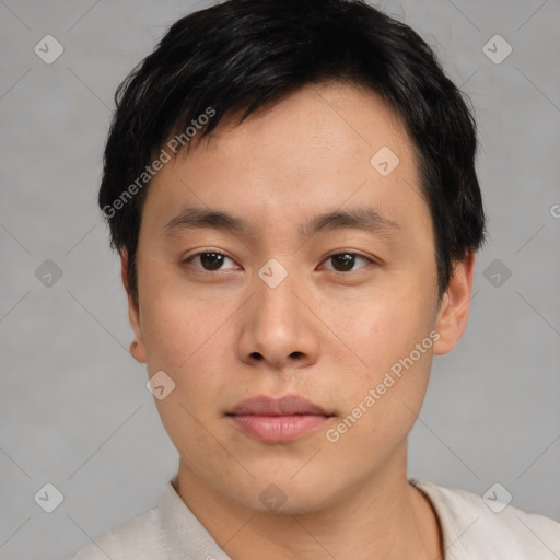 Neutral asian young-adult male with short  black hair and brown eyes